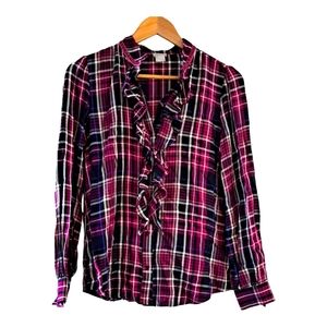 Chico's Plaid Ruffle Button Down Shirt